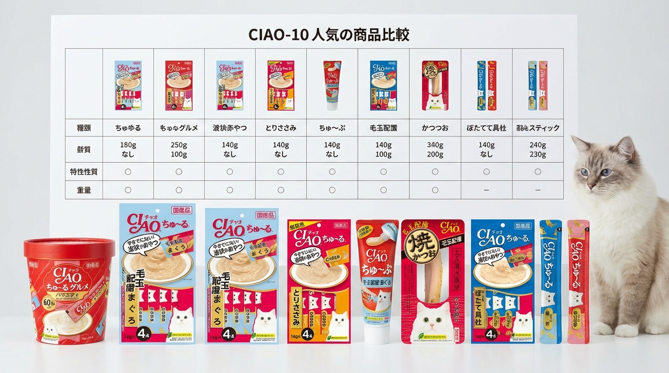 CIAO 貓咪零食選購攻略:各系列產品特色比較對照圖,協助消費者做出明智選擇。