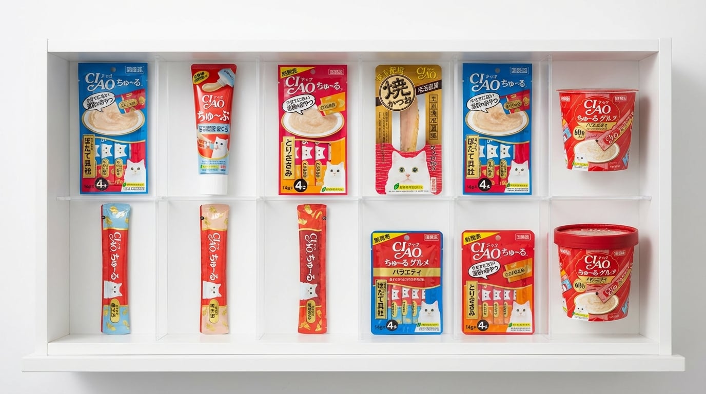 CIAO 貓咪零食與肉泥全系列產品分類導覽,輕鬆選購各式口味與機能。