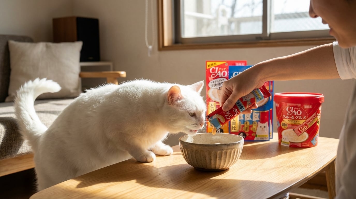 CIAO 貓肉泥使用方法示範,展示產品實際餵食場景,提供飼主選購參考。