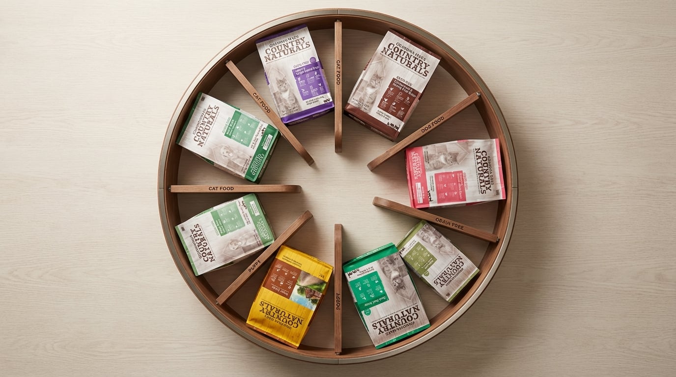 Country Naturals 寵物產品分類導覽圖，清晰展示多元產品線，提供快速選購指南。