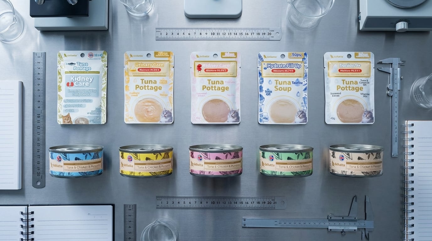 Astkatta 貓罐頭選購攻略對比圖，幫助消費者快速了解各系列產品差異。