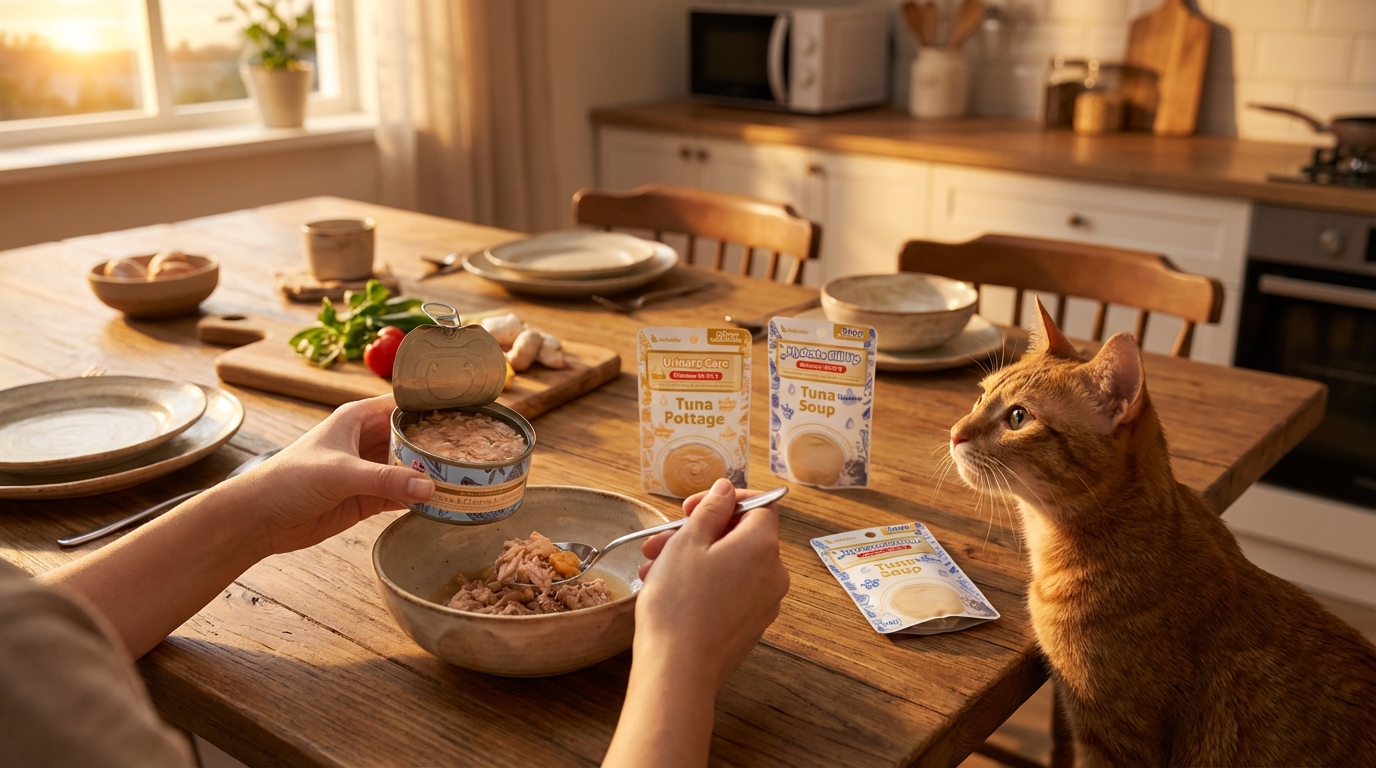 Astkatta 貓用主食罐餵食示範，展示產品實際應用與貓咪每日健康進食場景。