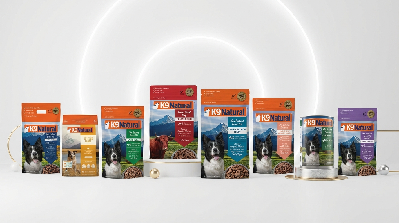 K9 Natural 品牌旗艦形象照，展現紐西蘭天然寵物食品的高端質感與品牌故事。