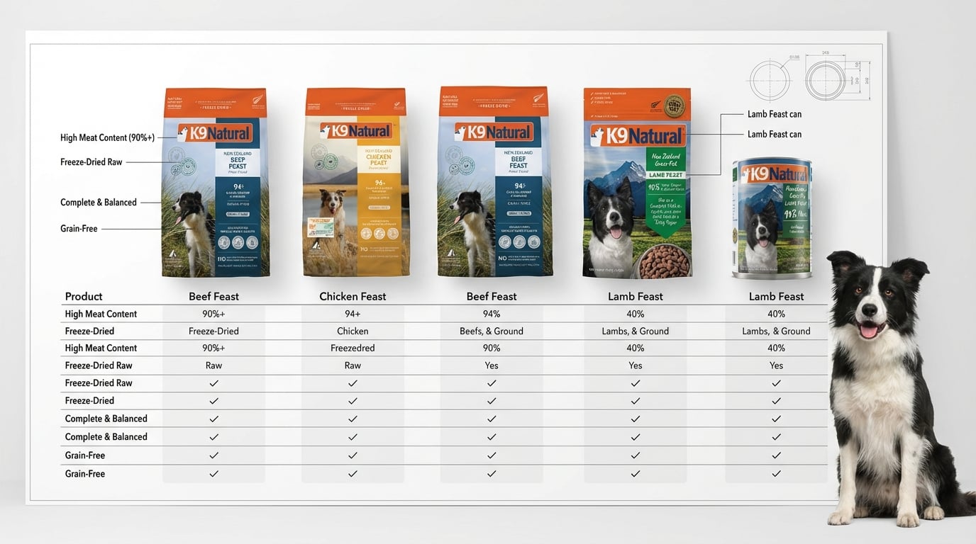 K9 Natural 寵物食品選購攻略：全系列產品特色比較對照圖，協助飼主挑選合適營養。