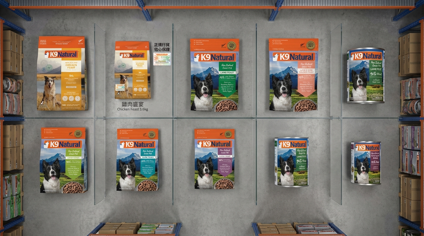 K9 Natural 產品分類導覽圖，清晰展示多元生鮮糧、佐餐糧及零食全系列。