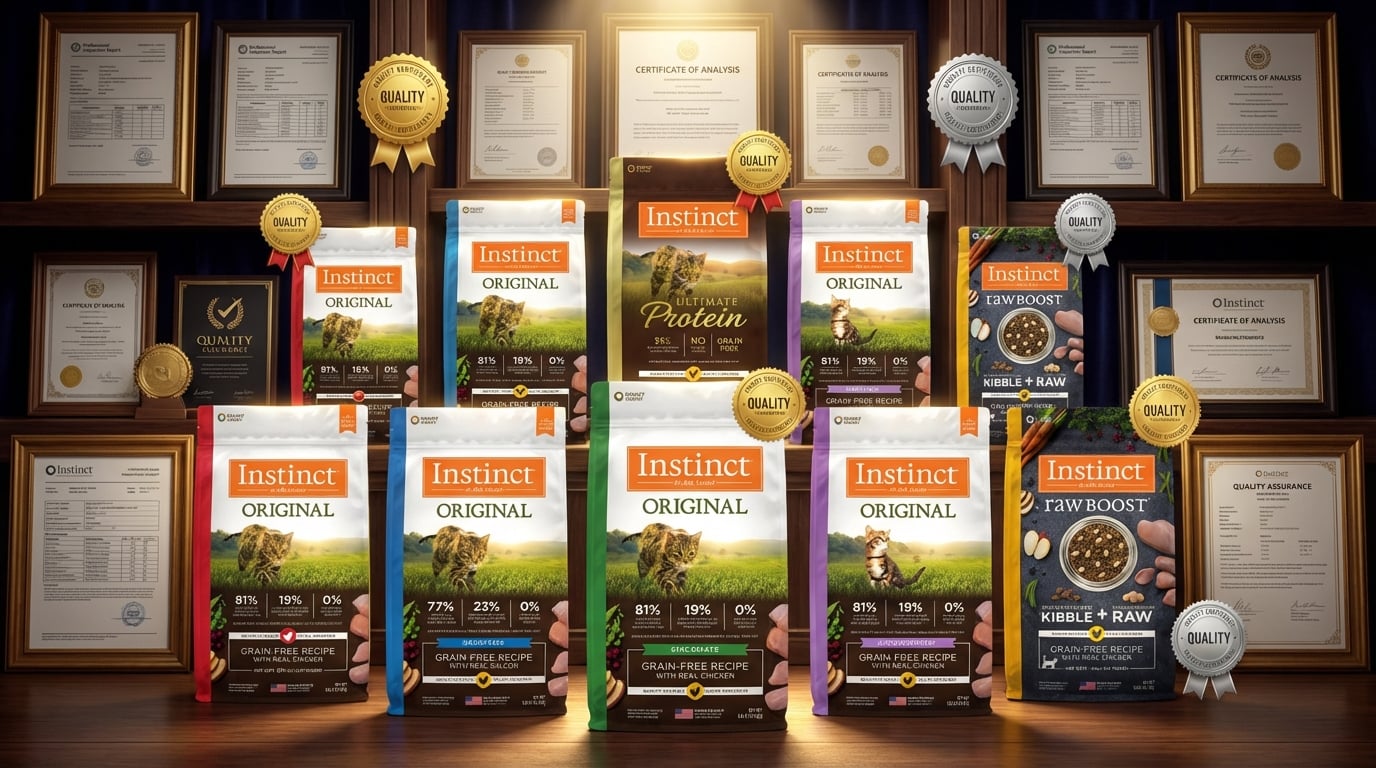 Instinct 本能 品質保證與專業認證標章,展現品牌對寵物食品安全的嚴格承諾。