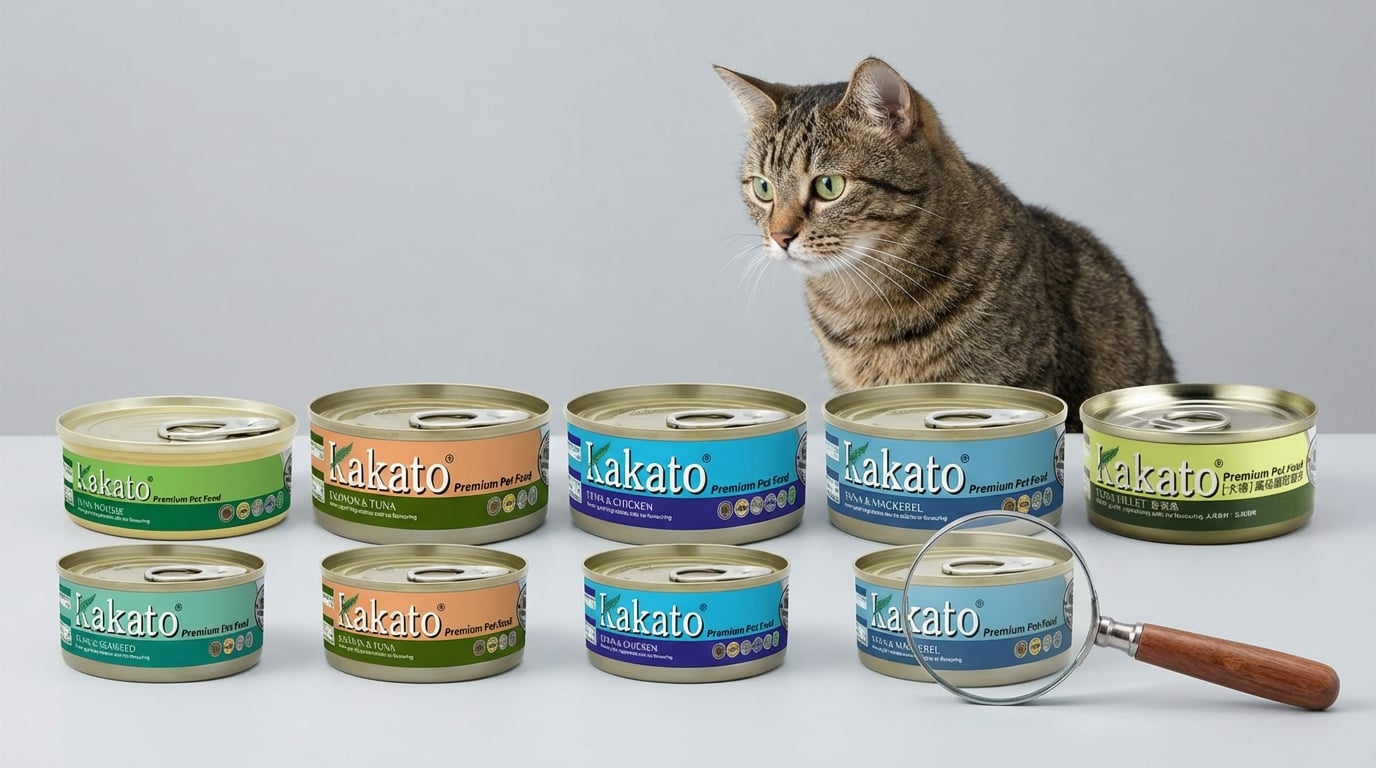 Kakato 卡格寵物食品系列產品對照圖，提供專業選購攻略協助消費者明智挑選。