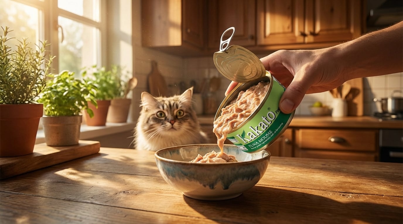 溫馨家庭廚房內，飼主正將 Kakato 卡格天然營養產品倒入精緻碗盤，動態光影交織出高品質氛圍。一旁寵物正滿懷期待地注視，呈現純淨無添加食材帶來的幸福餵食體驗。