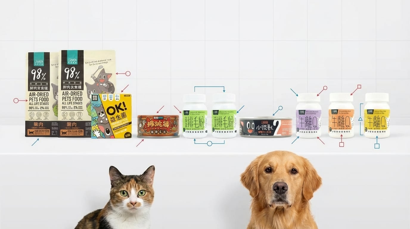 怪獸部落十款熱銷貓狗糧在專業場景中整齊排開,展示原始包裝與標註細節。畫面邊緣有專注的貓狗,搭配幾何符號引導理性分析,呈現由獸醫研發、天然無添加的人食級鮮肉配方選購攻略。