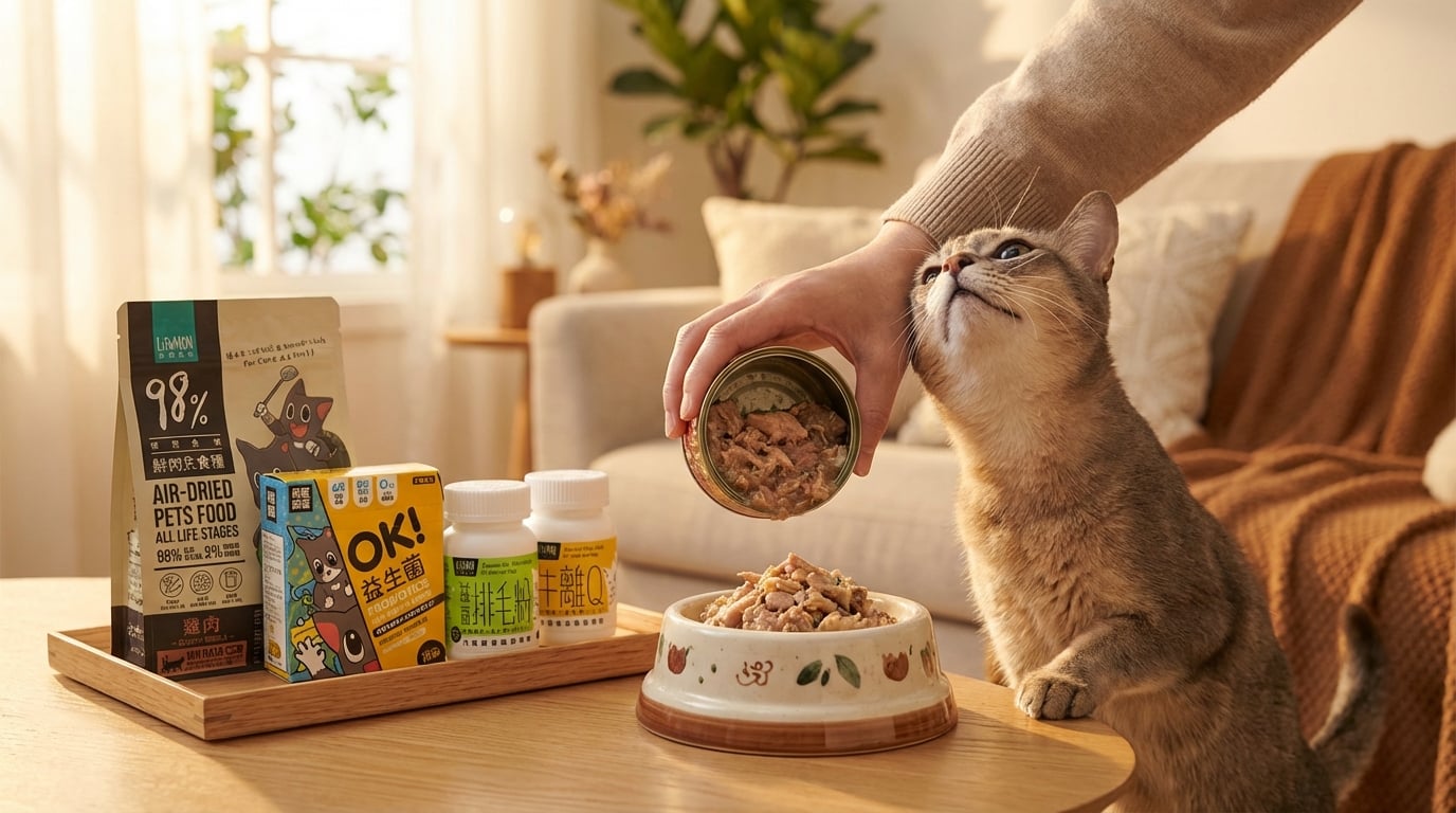 夕陽餘暉灑落客廳,飼主將怪獸部落產品倒入陶瓷碗,身旁寵物興奮期待。特寫呈現新鮮肉糧質地與完整品牌包裝,透過生活化餵食場景,展現專業獸醫研發的人食級配方。