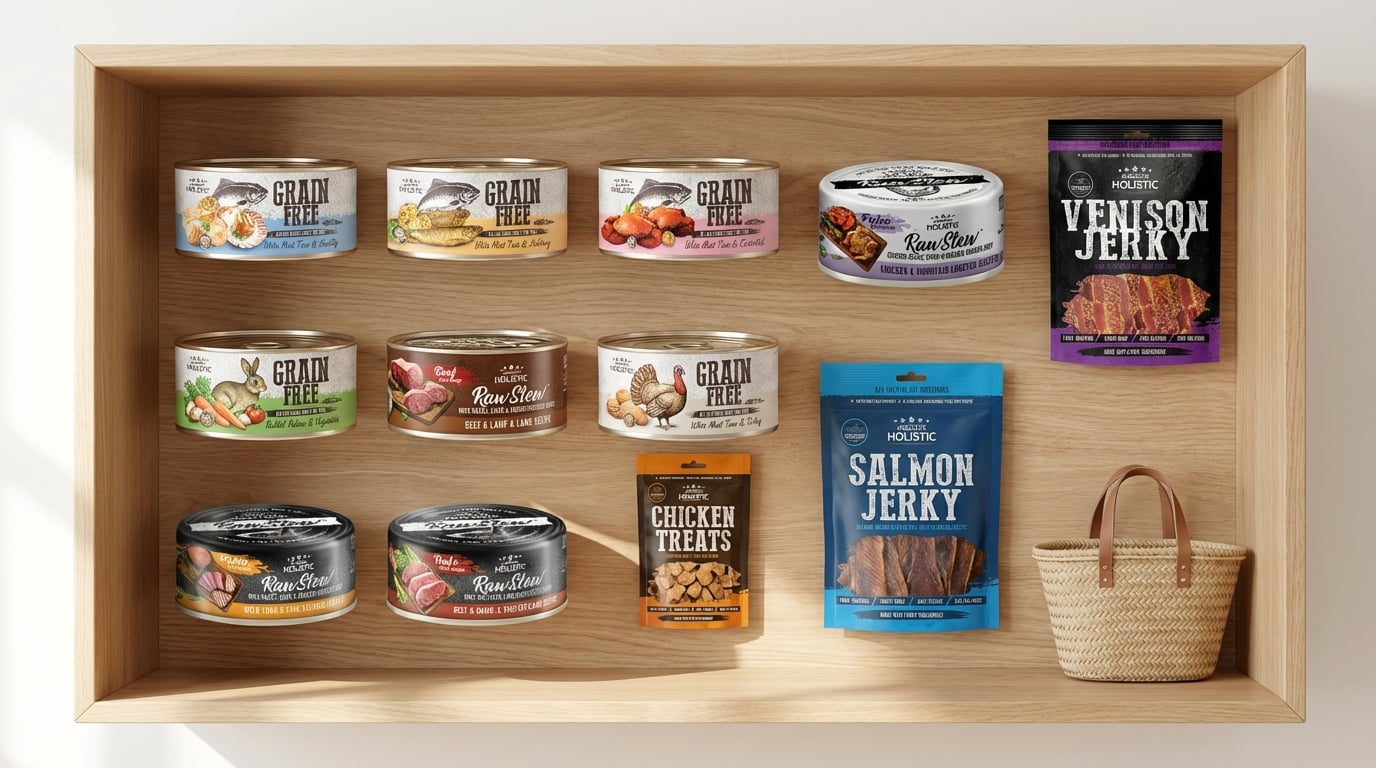 Absolute Holistic 寵物食品分類導覽，包含貓狗糧、零食與罐頭多元產品線。