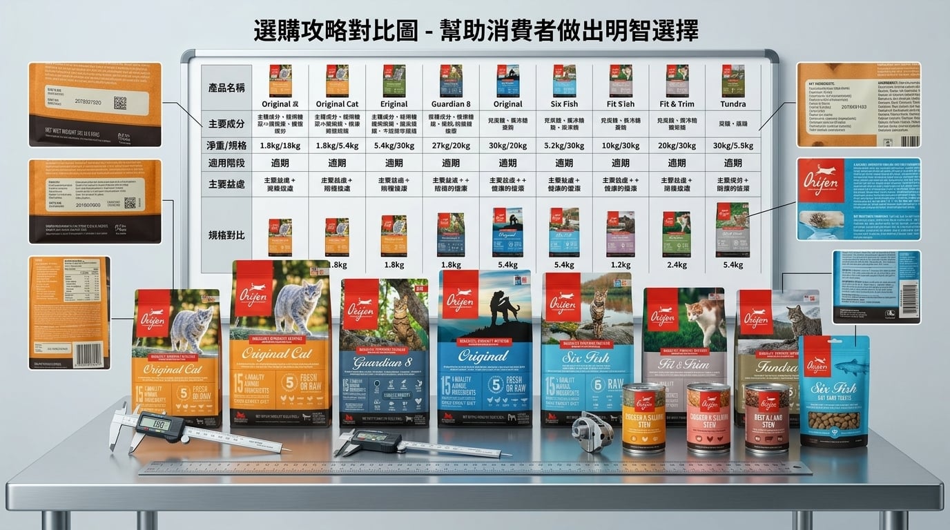 Orijen 渴望寵物食品選購攻略對比圖，幫助消費者挑選合適產品。