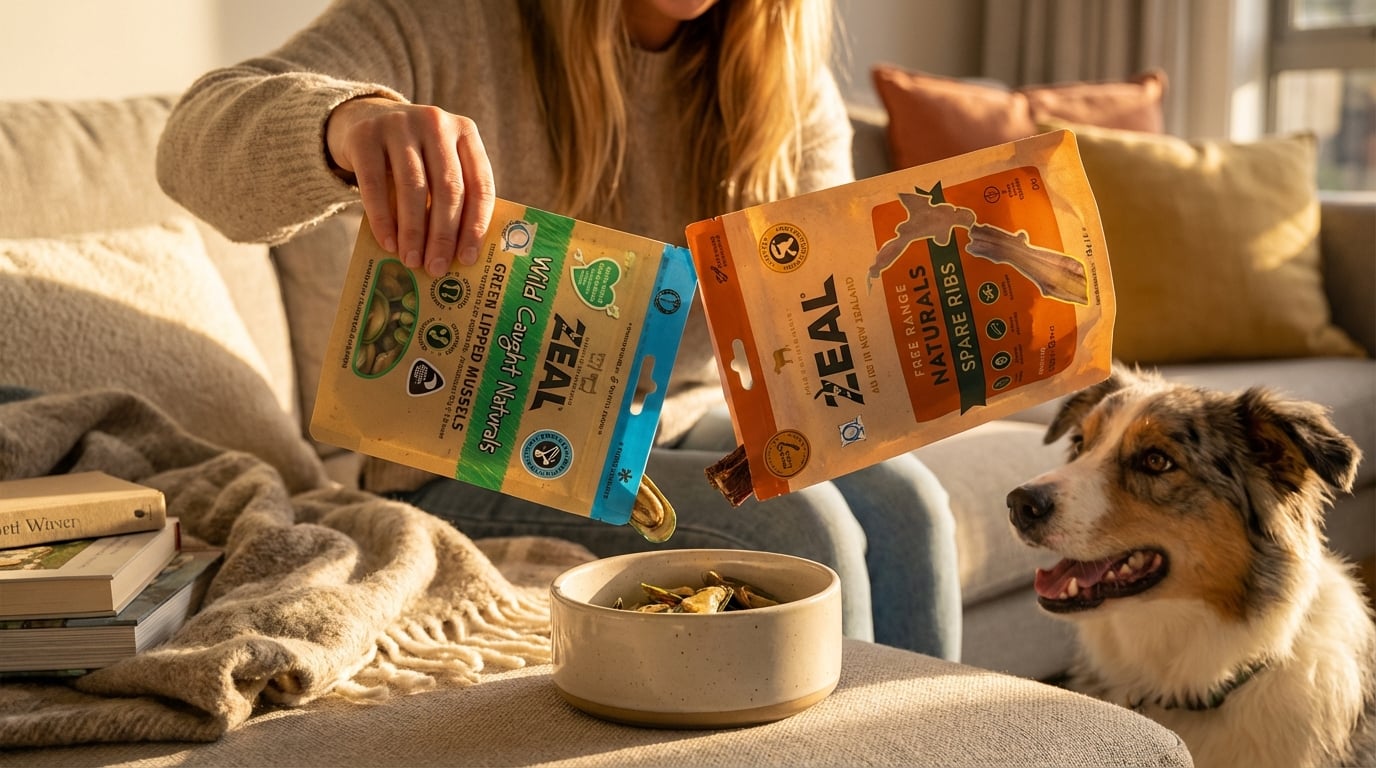 ZEAL 寵物產品實際餵食場景，展示天然食材應用與日常使用方法。