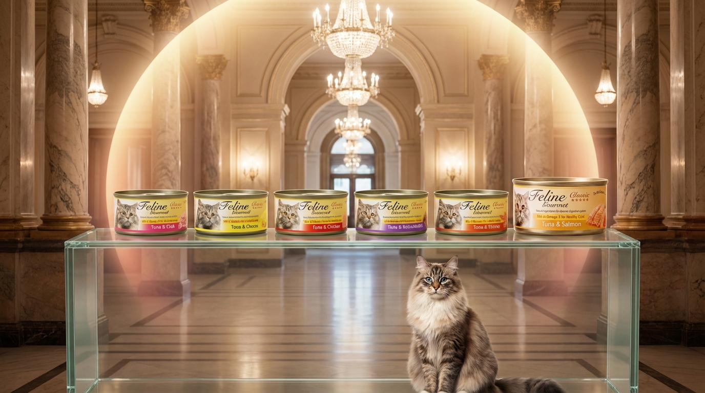 Feline Gourmet 品牌旗艦形象照，展現高端寵物食補美學與極致品質。