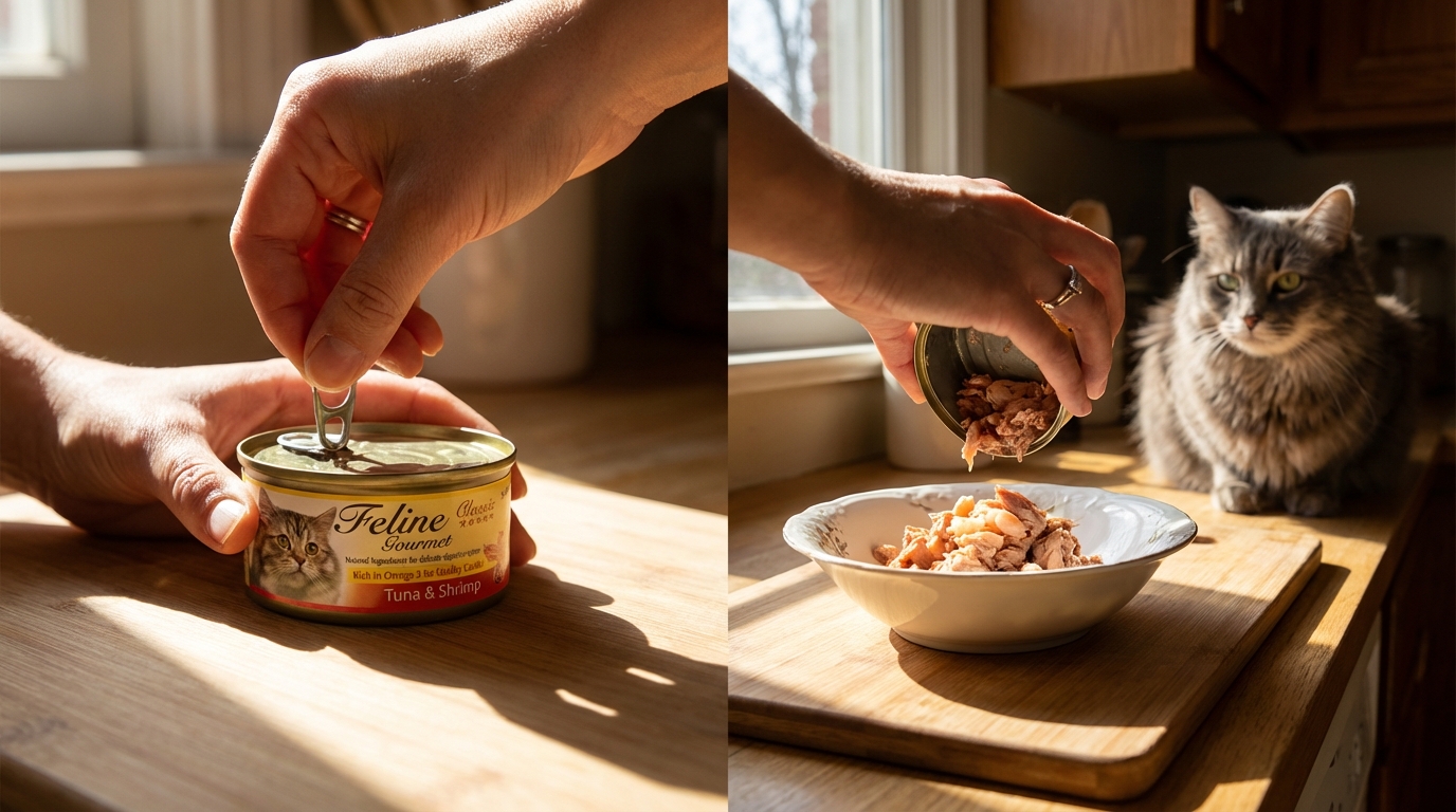 Feline Gourmet 貓用主食罐餵食指南，展示產品實際應用與營養搭配方式。