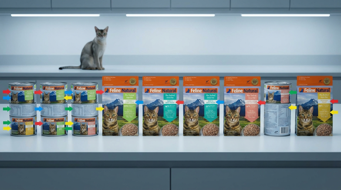 Feline Natural 全系列貓糧產品特點對照表，提供消費者專業的選購指南。