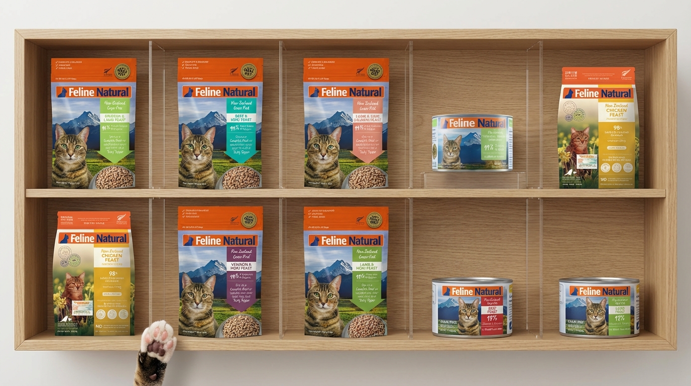 Feline Natural 貓用產品分類導覽，快速選購凍乾生食、罐頭與零食系列。