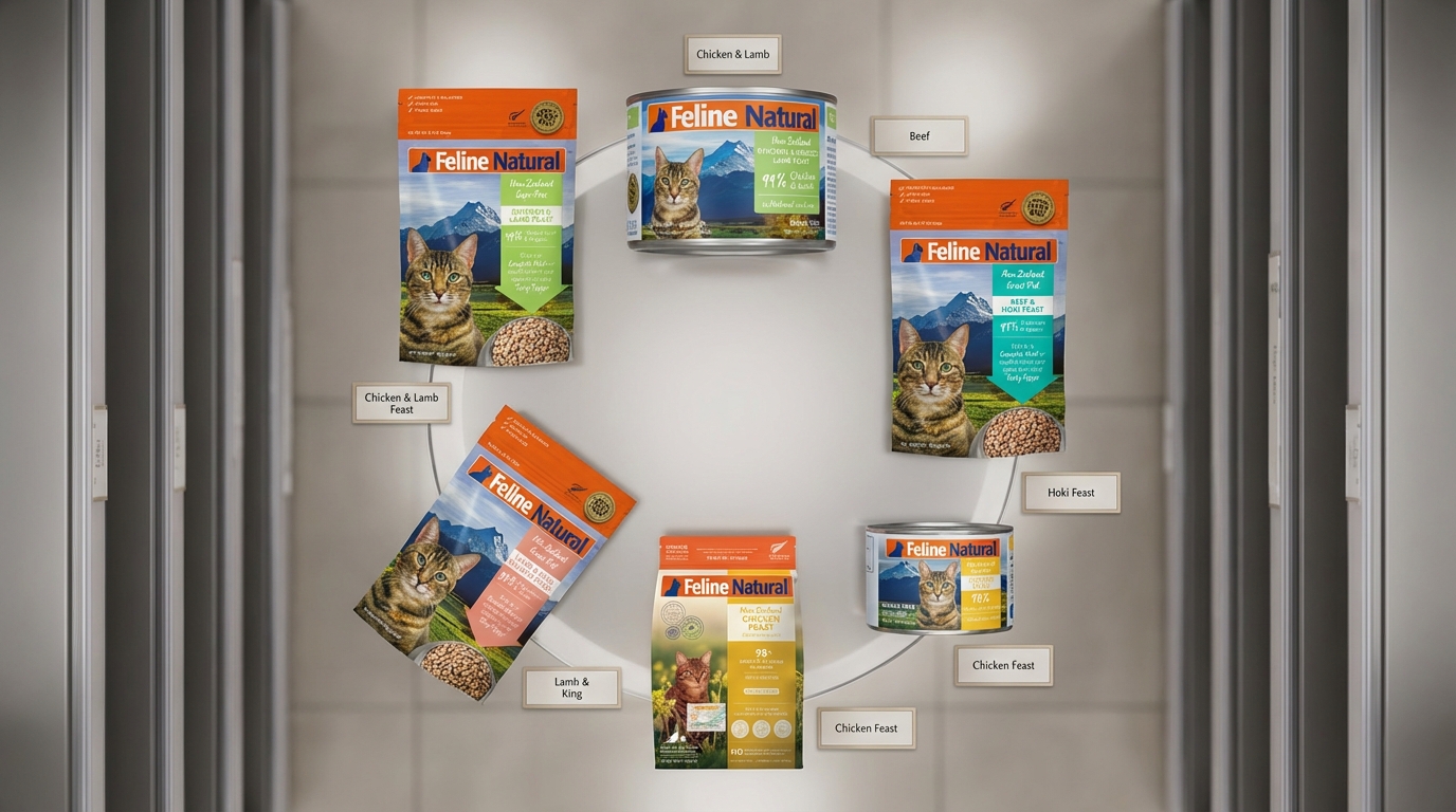 Feline Natural 貓咪多元產品線導覽，包含凍乾、主食罐與零食選購攻略。