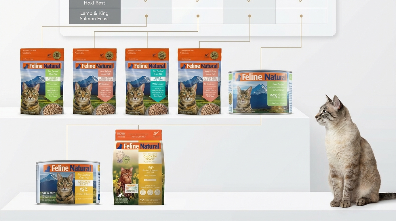 Feline Natural 貓糧選購攻略對比圖，幫助消費者快速挑選適合的產品。