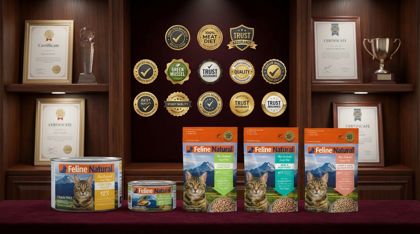 Feline Natural 品質保證與專業認證標章，確保產品安全與高品質。