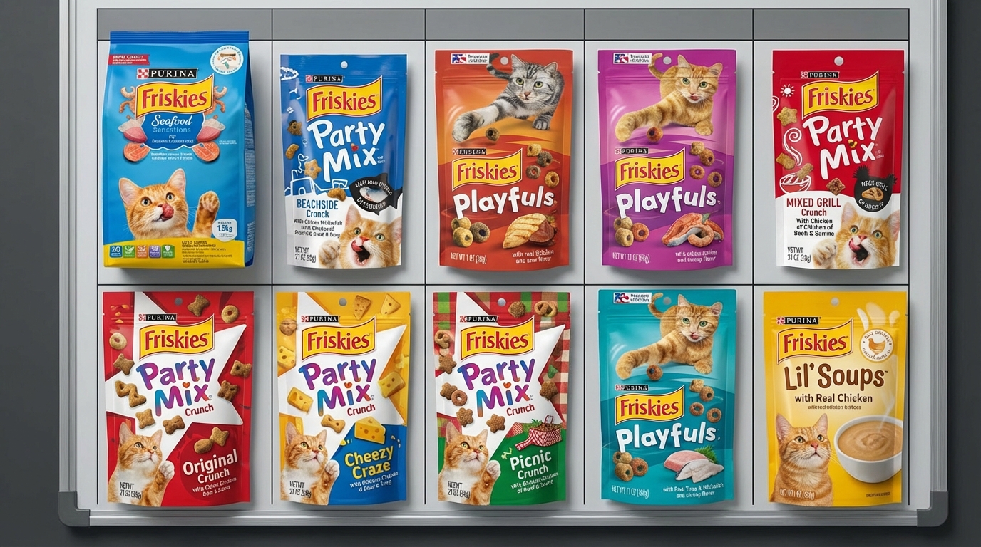 Friskies 貓糧產品比較對照圖，幫助消費者了解各系列特色並做出明智選擇。