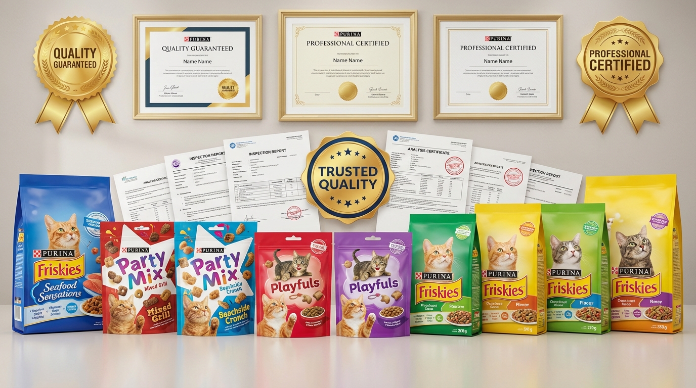 Friskies 寵物食品專業認證與品質保證，提供值得信賴的安全與營養承諾。