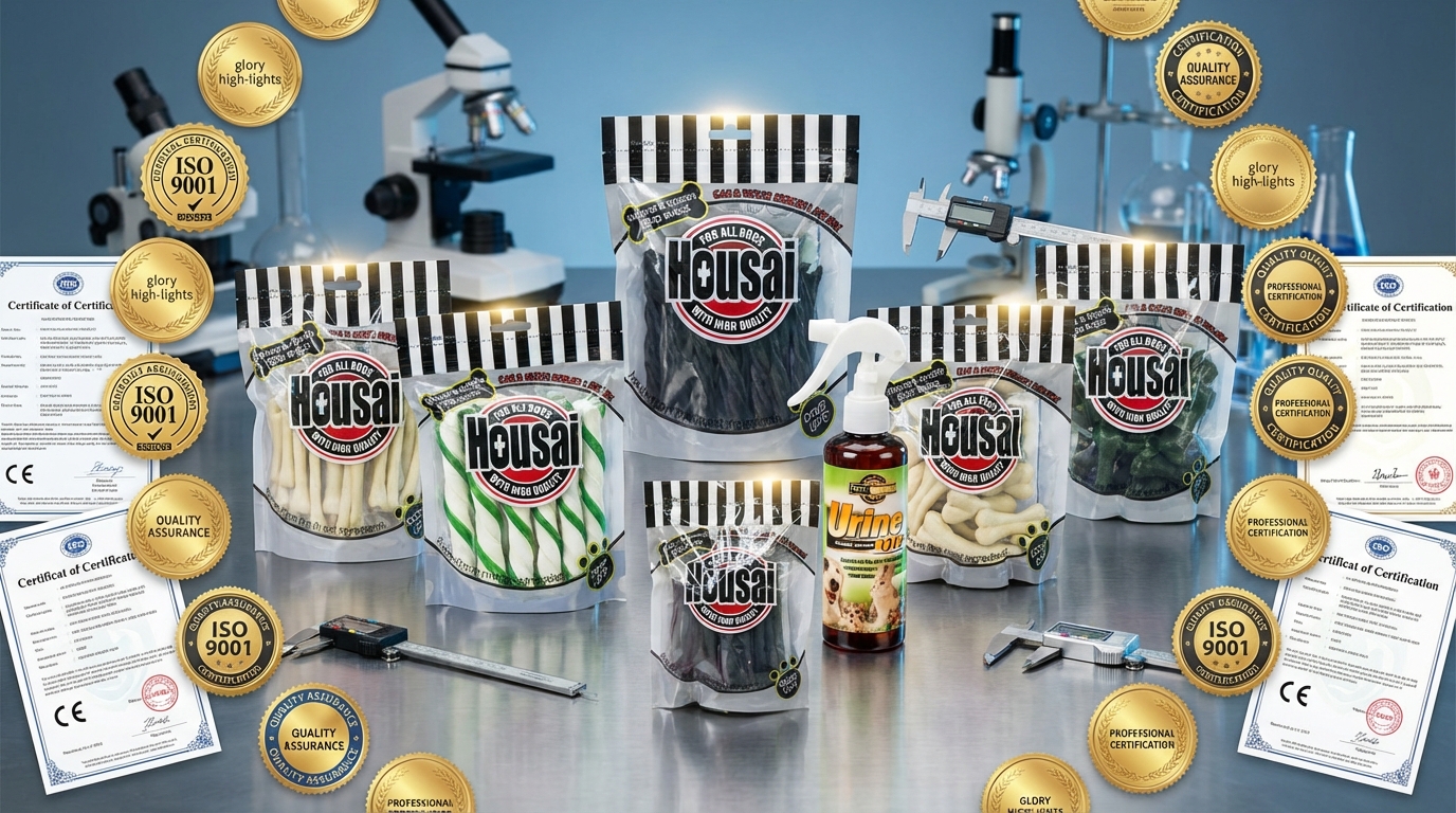 Housai 品質保證與專業認證標章，展示產品符合國際標準與專業品質承諾。