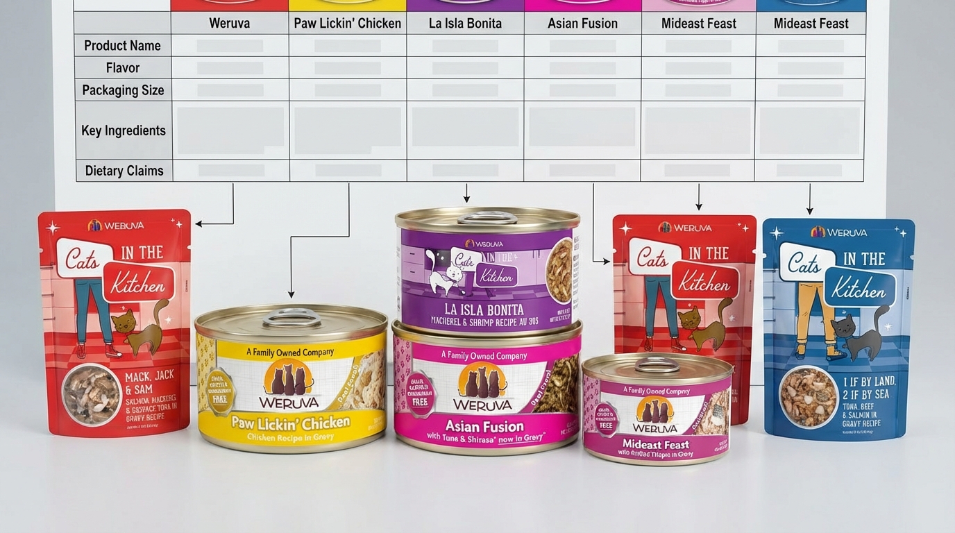 WeRuVa 寵物食品系列比較對照圖，協助您快速挑選適合產品的選購攻略。