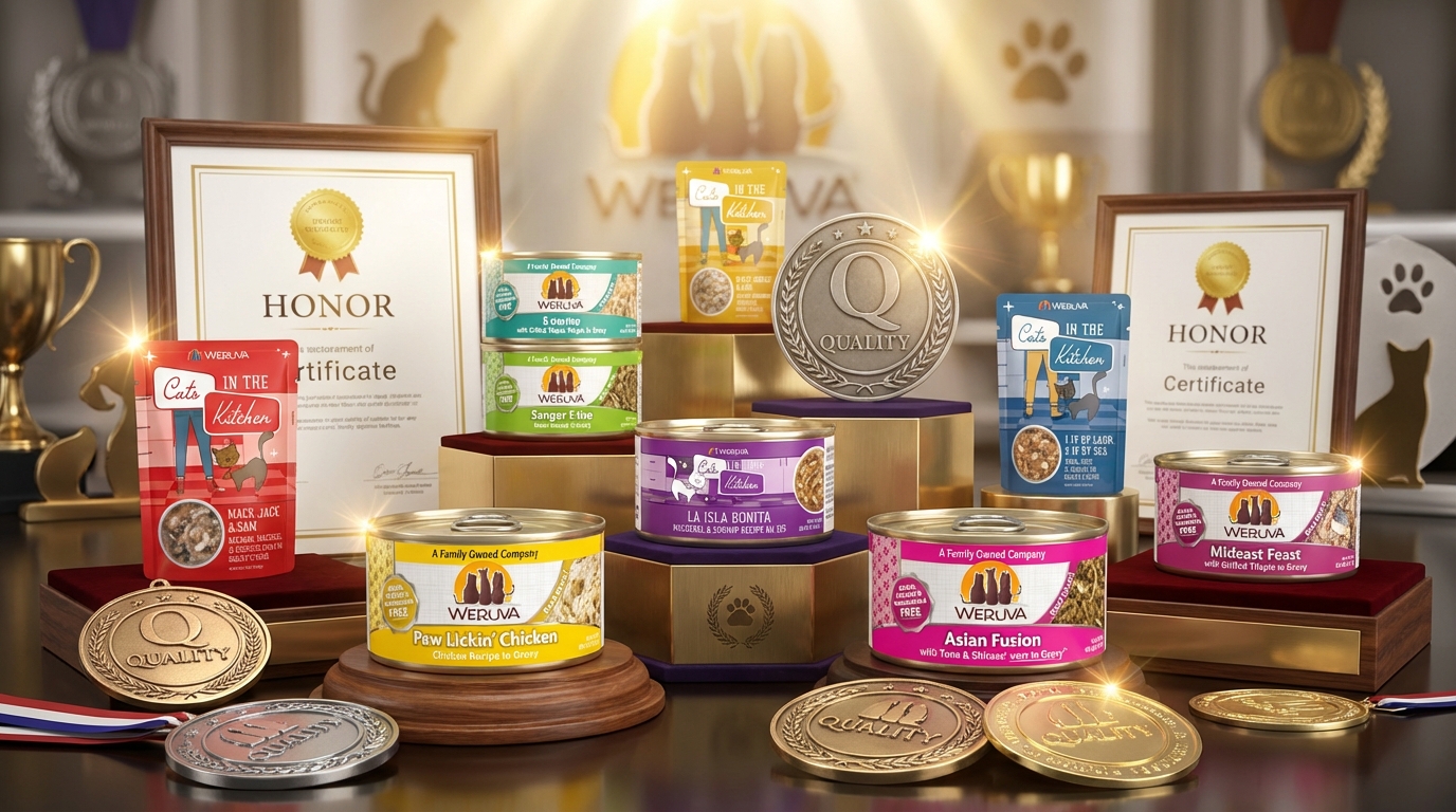 WeRuVa 專業品質認證與安全標章，展現品牌對寵物健康與食品品質的嚴格把關。