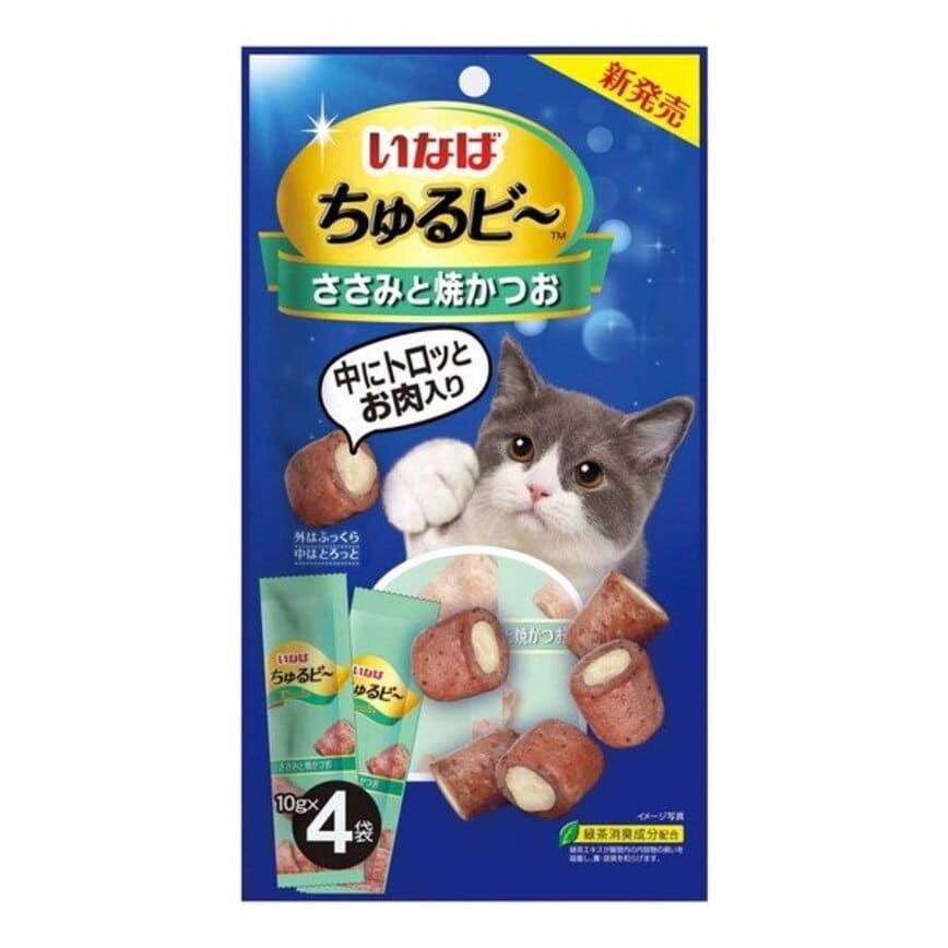 日本INABA 貓零食 鰹魚及烤雞胸肉軟心零食粒 QSC-273 10g 4袋入 (綠)