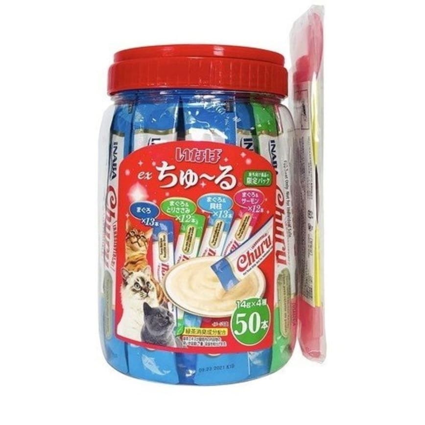 CIAO 貓零食 日本綜合三文魚貝柱金槍魚肉醬 14g 50本罐裝 (藍) - 限定品