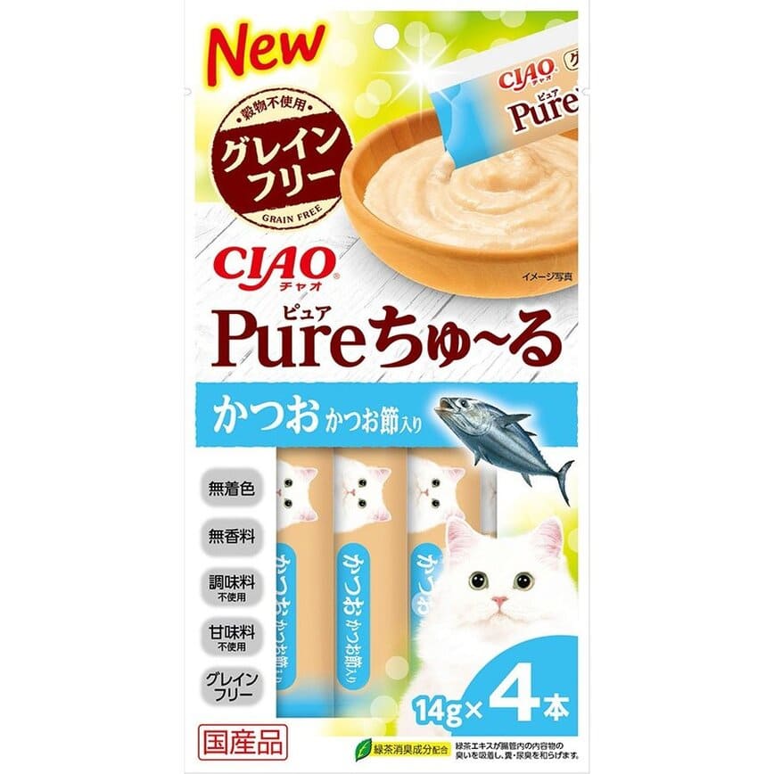 CIAO 肉泥 貓零食 Churu Pure 無添加鰹魚木魚肉醬 14g 4本入 (SC-323)