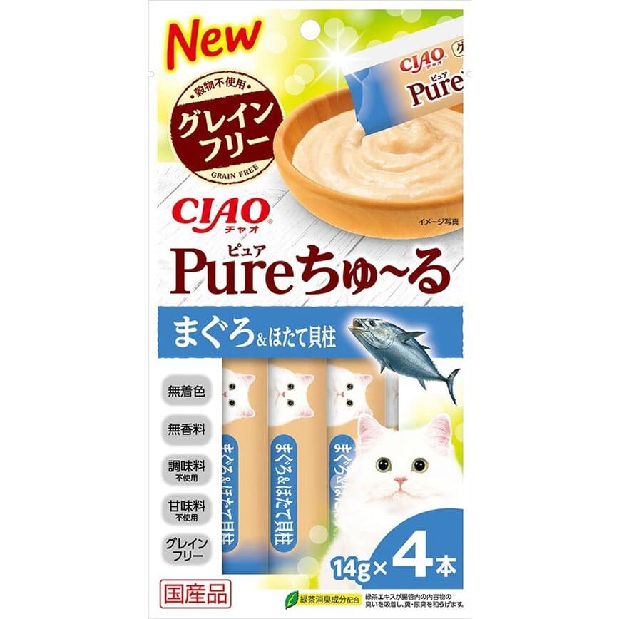 CIAO 肉泥 貓零食 Churu Pure 無添加吞拿魚帶子肉醬 14g 4本入 (SC-322)