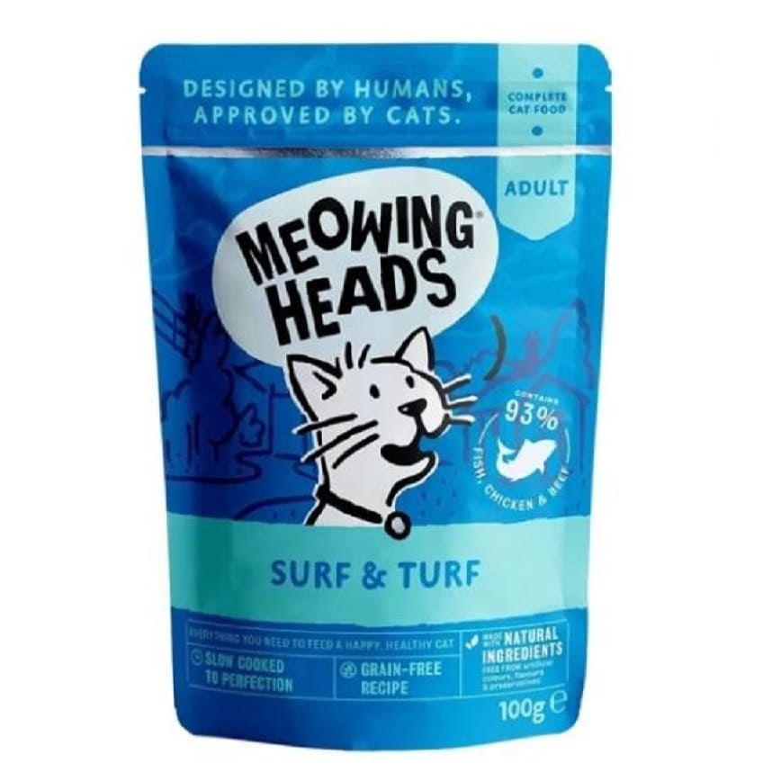 Meowing heads 貓濕糧 無穀物濕包 沙甸魚吞拿魚雞肉牛肉 100g (MHWSS) (藍色)