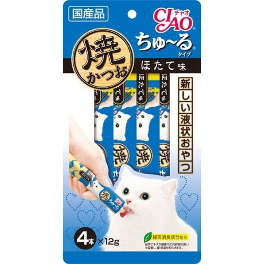 CIAO 肉泥 貓零食 扇貝燒鰹魚肉醬 12g 4本入 (藍) (4R-105)