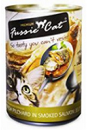 Fussie Cat 貓罐頭 煙三文魚汁沙丁魚 Fresh Pilchard in Smoked Salmon Jelly 400g (咖喱黃) (FU-4PSC) (破損品) (賞味期限 2025.12.19)