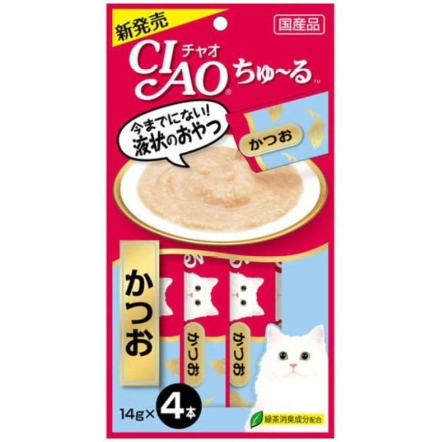 CIAO 肉泥 貓零食 鰹魚肉醬 14g 4本入 (藍紅) (SC-72)