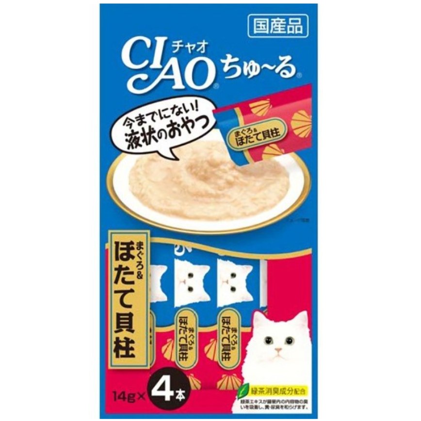 CIAO 肉泥 貓零食 金槍魚+扇貝肉醬 14g 4本入 (深藍令) (4SC-77)