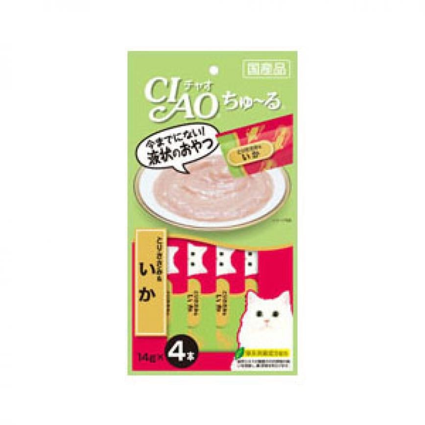 CIAO 肉泥 貓零食 雞肉+魷魚肉醬 14g 4本入 (綠令) (SC-79)