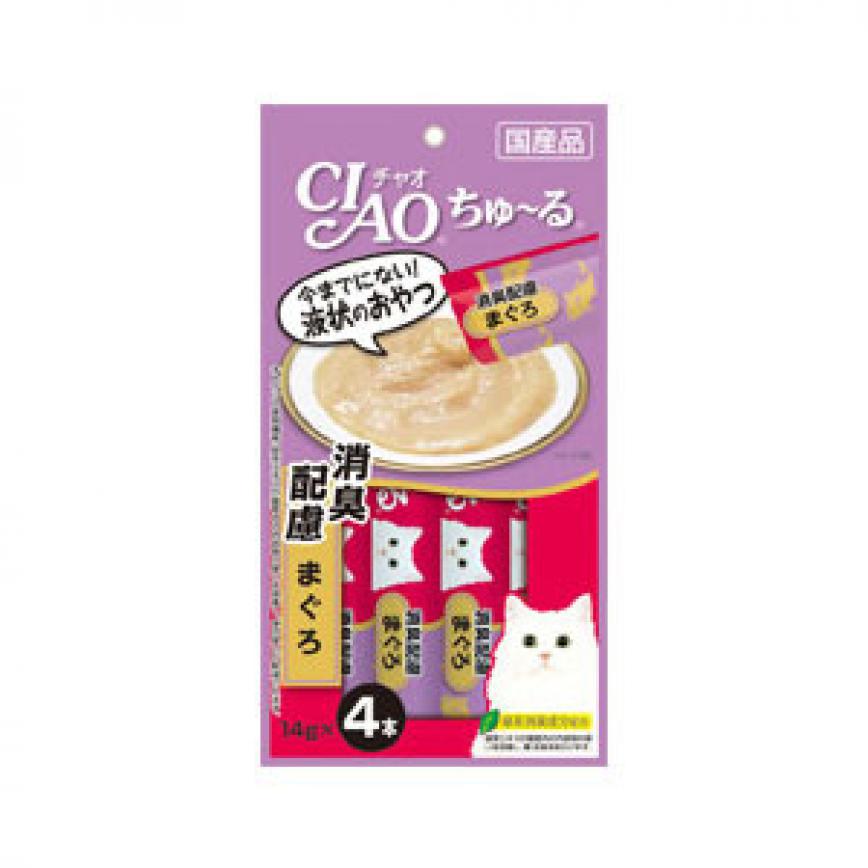 CIAO 肉泥 貓零食 金槍魚消便臭配方肉醬 14g 4本入 (粉紫) (SC-109)