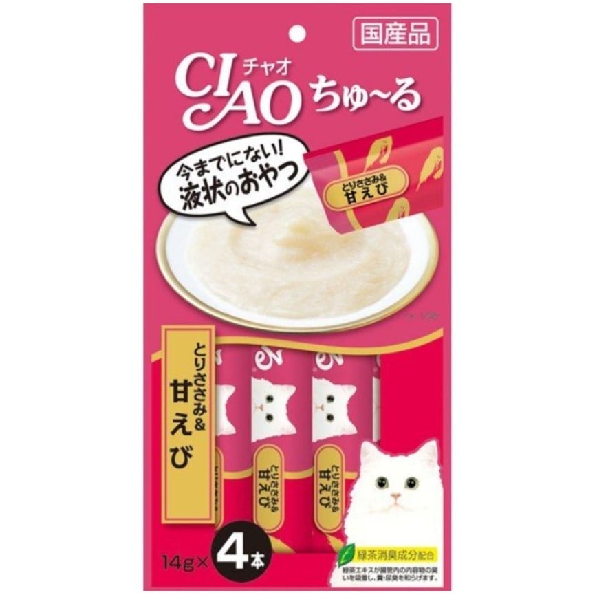 CIAO 肉泥 貓零食 雞肉及甜蝦肉醬 14g 4本入 (桃紅) (SC-142)