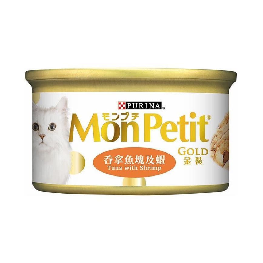 MonPetit 貓罐頭 金裝系列 金裝吞拿魚塊及蝦 85g (肉凍系列) (橙) (NE11638008)