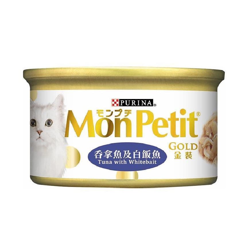 MonPetit 貓罐頭 金裝系列 金裝吞拿魚及白飯魚 85g (肉凍系列) (藍) (NE11638010)