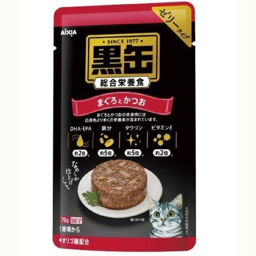 日本AIXIA 愛喜雅 黑缶系列 綜合營養啫哩濕糧包 金槍魚+鰹魚 70g (紅)