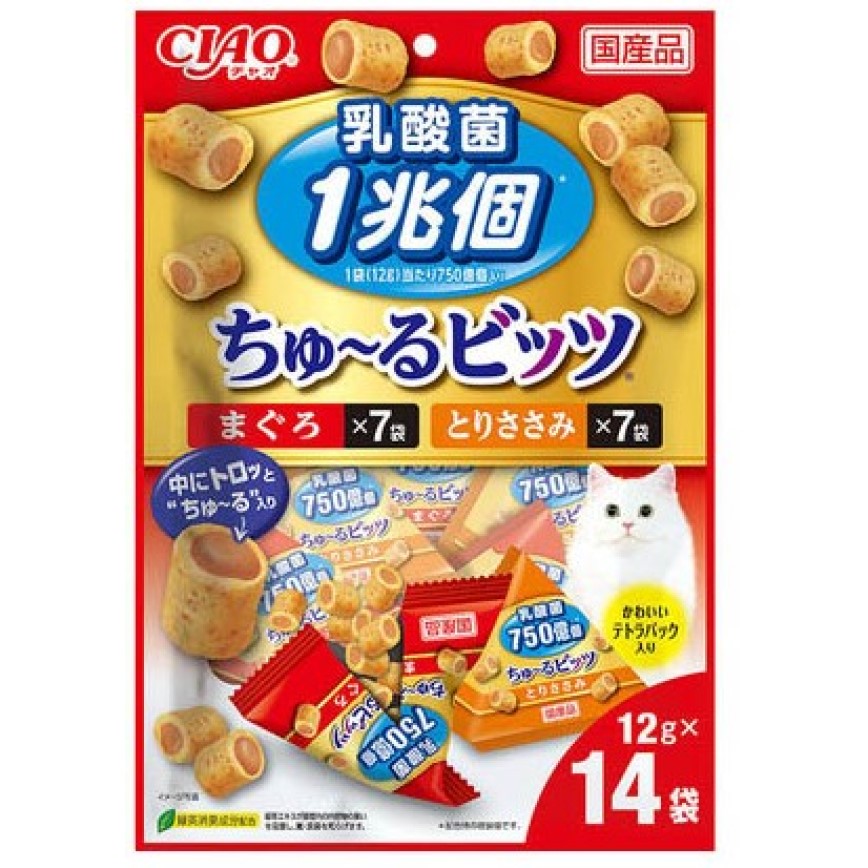 CIAO 貓零食 日本1兆個乳酸菌零食粒 雞肉及金槍魚味 12g 14袋入(紅) (CS-204) 圖 1