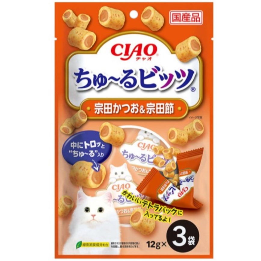 CIAO 貓零食 日本軟心零食粒 宗田鰹魚及宗田鰹魚乾味 12g 3袋入 (橙紅) (CS-179) 圖 1