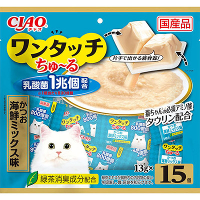 CIAO 貓零食 日本 One Touch 1兆個乳酸菌肉泥杯 鰹魚海鮮味 13g 15個入 (SC-316) 圖 1