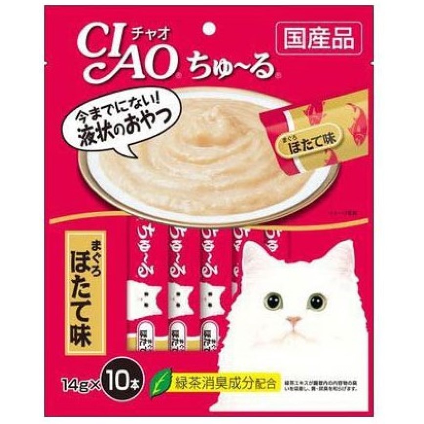 CIAO 肉泥 貓零食 金槍魚及扇貝味 14g 10本入 (桃紅) (SC-125) 圖 1