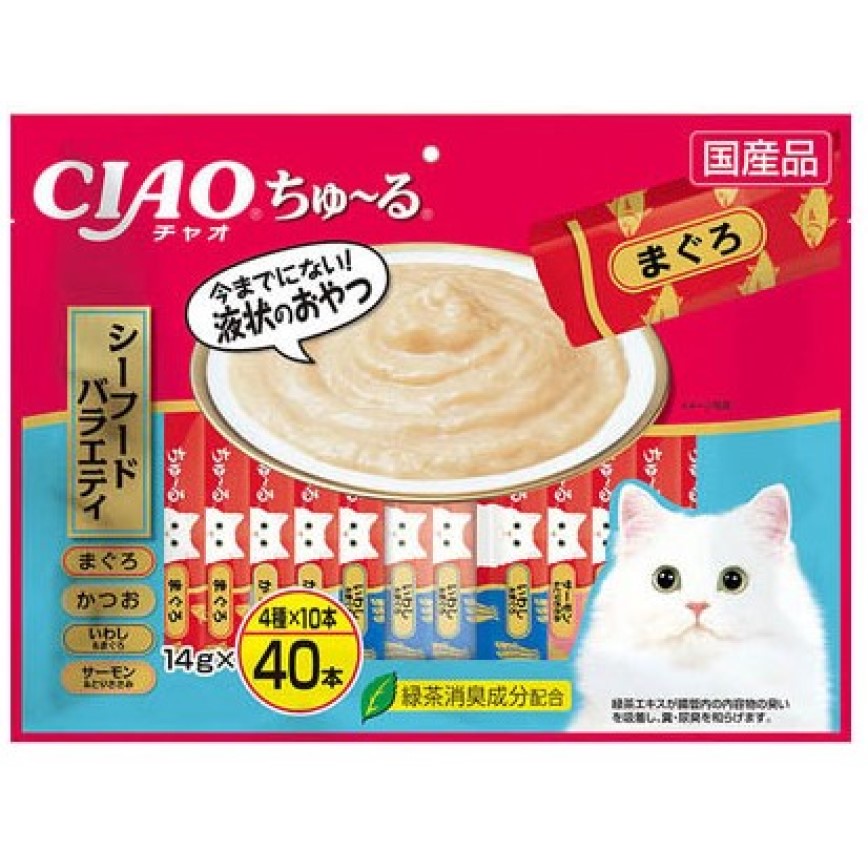 CIAO 肉泥 貓零食 金槍魚混合海鮮味 14g 40本入(淺藍) (SC-187) 圖 1
