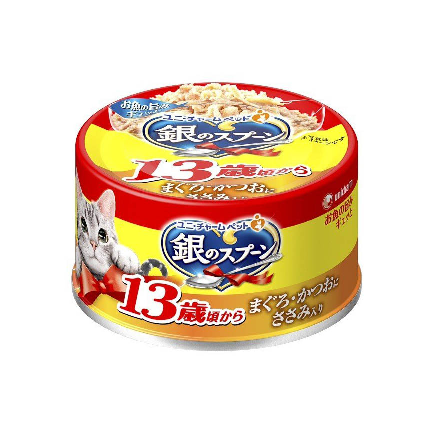 Unicharm 貓罐頭 日本三星銀匙 13歲高齡貓用 吞拿魚+鰹魚 70g (橙黃) 圖 1